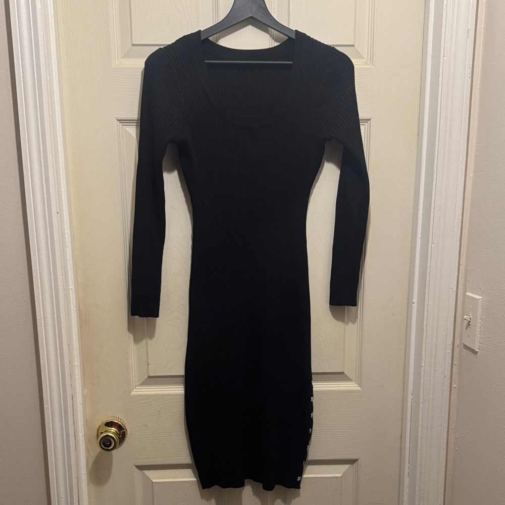 Black Ribbed Long Sleeve Bodycon Dress